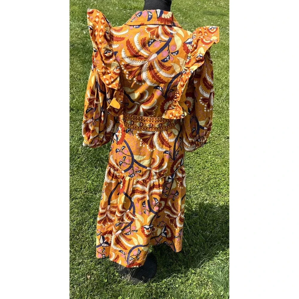 Farm Rio Shirt Dress Womens Small Yellow‎ Palms Party Midi Ruffle Belted Floral